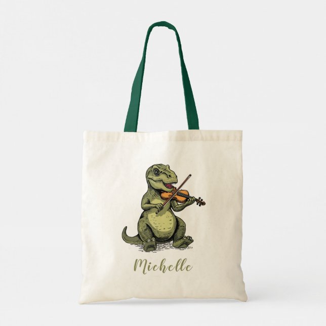 Bolsa Tote T-Rex Dinossauro Engraçado Personalizado Tocando V (Verso)