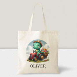 Bolsa Tote T-Rex Dinossauro Fofo Dirigindo um Trator Vermelho