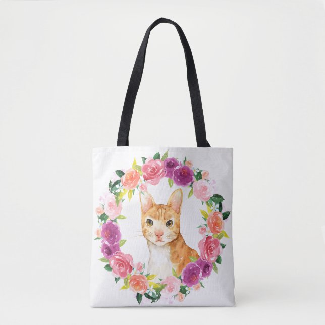 Bolsa Tote Tabby Laranja Gato com Banheira Floral (Frente)