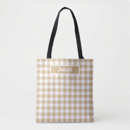 Bolsa Tote Tan Beige Plaid Gingham Personalized