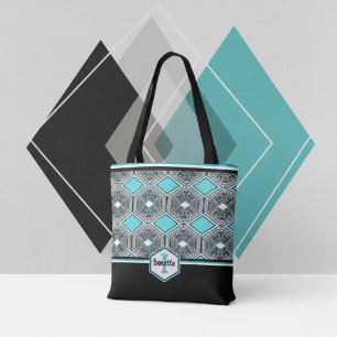 Bolsa Tote Tapeçaria Tribal Turquesa, Branca e Preta