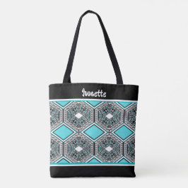 Bolsa Tote Tapeçaria Tribal Turquesa, Branco e Preto
