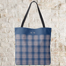 Bolsa Tote Tartan - Azul Marinho com castanho claro e escuro