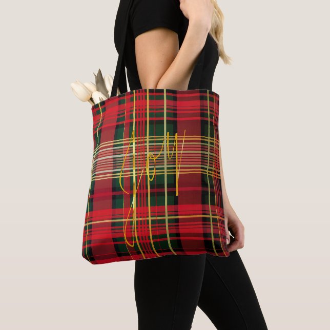 Bolsa Tote Tartan Clássico de Feriado Vermelho e Xadrez Verde (Close Up)