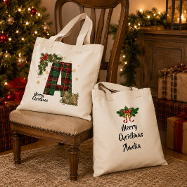 Bolsa Tote Tartan Personalizado Inicial & Nome de Natal