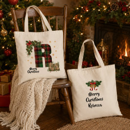 Bolsa Tote Tartan Personalizado Inicial & Nome de Natal