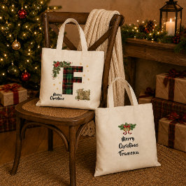 Bolsa Tote Tartan Personalizado Inicial & Nome de Natal