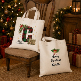 Bolsa Tote Tartan Personalizado Inicial & Nome de Natal