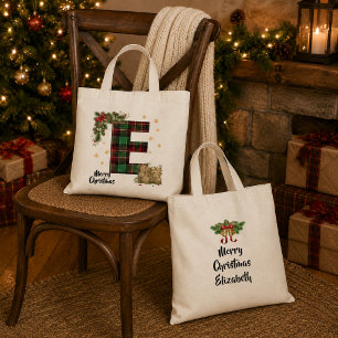 Bolsa Tote Tartan Personalizado Inicial & Nome de Natal