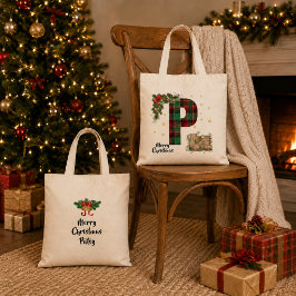 Bolsa Tote Tartan Personalizado Inicial & Nome de Natal