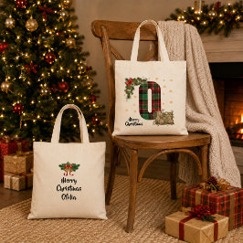 Bolsa Tote Tartan Personalizado Inicial & Nome de Natal
