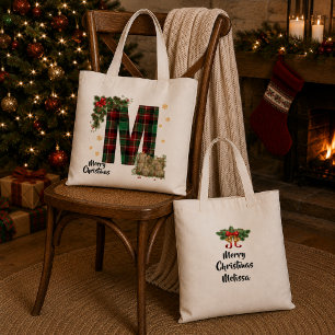Bolsa Tote Tartan Personalizado Inicial & Nome de Natal
