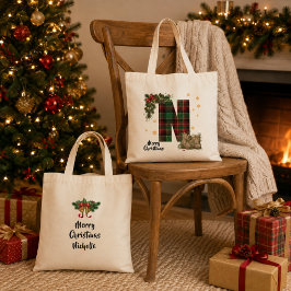 Bolsa Tote Tartan Personalizado Inicial & Nome de Natal