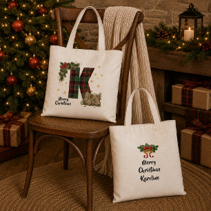 Bolsa Tote Tartan Personalizado Inicial & Nome de Natal