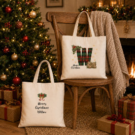 Bolsa Tote Tartan Personalizado Inicial & Nome de Natal