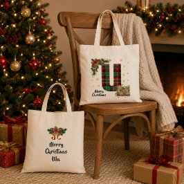 Bolsa Tote Tartan Personalizado Inicial & Nome de Natal