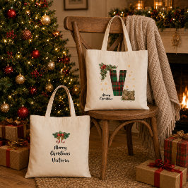 Bolsa Tote Tartan Personalizado Inicial & Nome de Natal