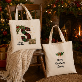 Bolsa Tote Tartan Personalizado Inicial & Nome Natal