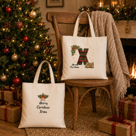Bolsa Tote Tartan Personalizado Inicial & Nome Natal