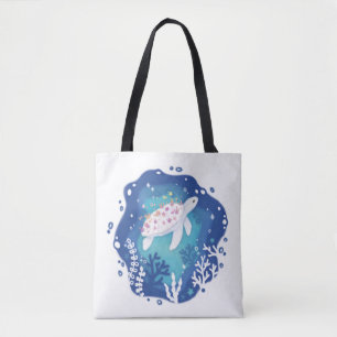 Bolsa Tote Tartaruga com Corais na Ilustração de Arte em Pape