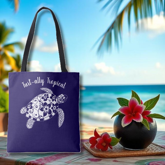 Bolsa Tote Tartaruga havaiana Pescador estético-escuro azul (Hawaiian Turtle-Tropical Flowers, Elegant hawaiian Tribals, summer, beach, fisherman aesthetic Tote)