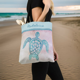 Bolsa Tote Tartaruga Marinha Azul Turquesa em Aquarela sobre 