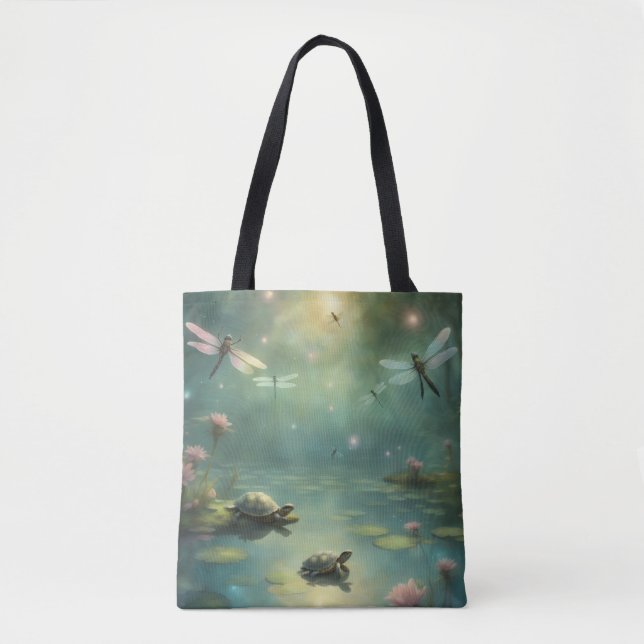 Bolsa Tote Tartarugas Libélulas em folhas de lírio no lago (Frente)