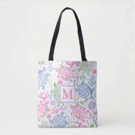 Bolsa Tote Tartarugas Marinhas Aquarela Monograma Oceano Cost