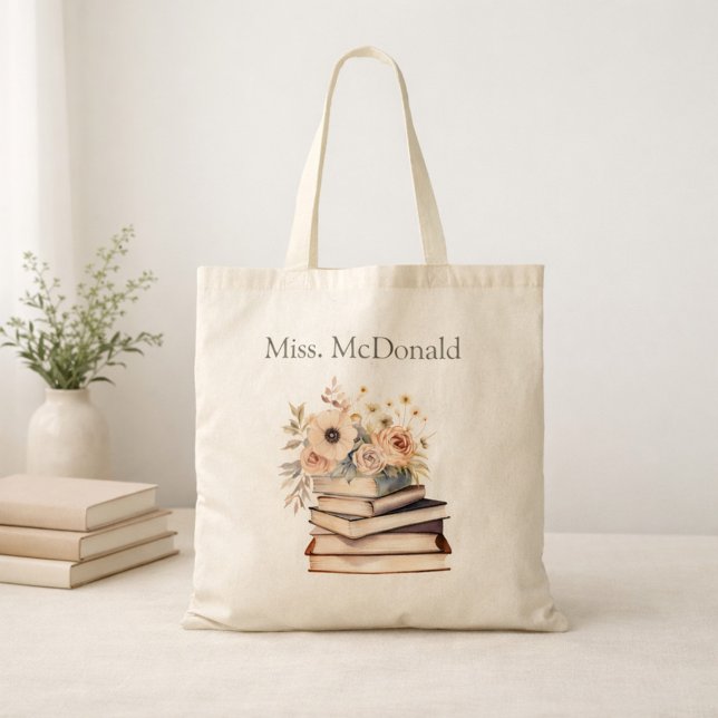 Bolsa Tote Teacher Appreciation Gift Floral Books (Criador carregado)