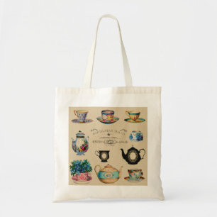 Bolsa Tote Teacups Vintage Retro Teapot Advertisement Floral.