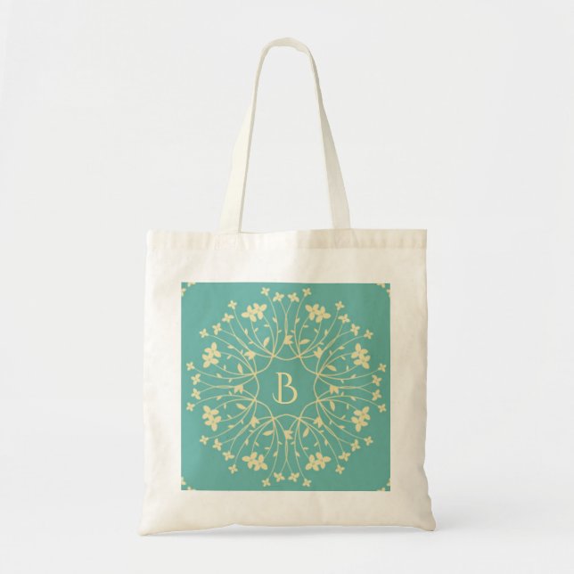 Bolsa Tote Teal and Beige Elegant Flower Wreath Monogram (Frente)