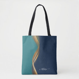 Bolsa Tote Teal Azul Onda Dourada Elegante com Nome