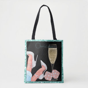 Bolsa Tote Teal & Black Lady Gambler Rosa Brilhante Diamantes