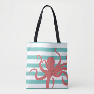 Bolsa Tote Teal branco listrado de polvo vermelho