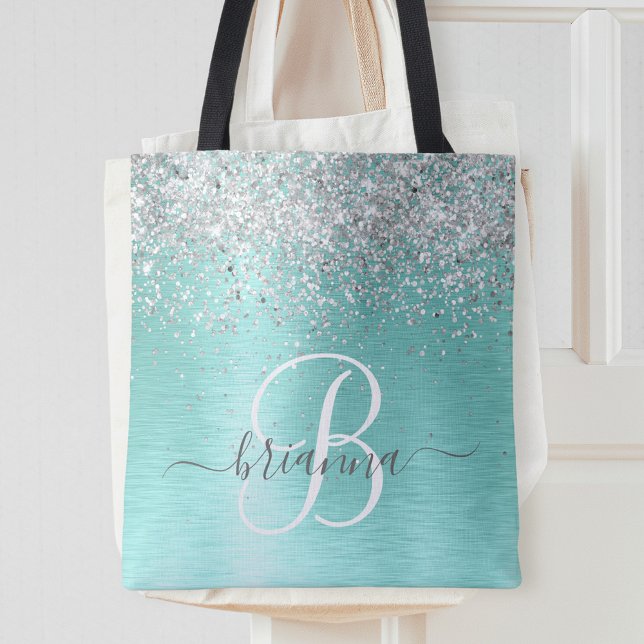Bolsa Tote Teal Brugado Metal Silver Glitter Nome Monograma (Criador carregado)