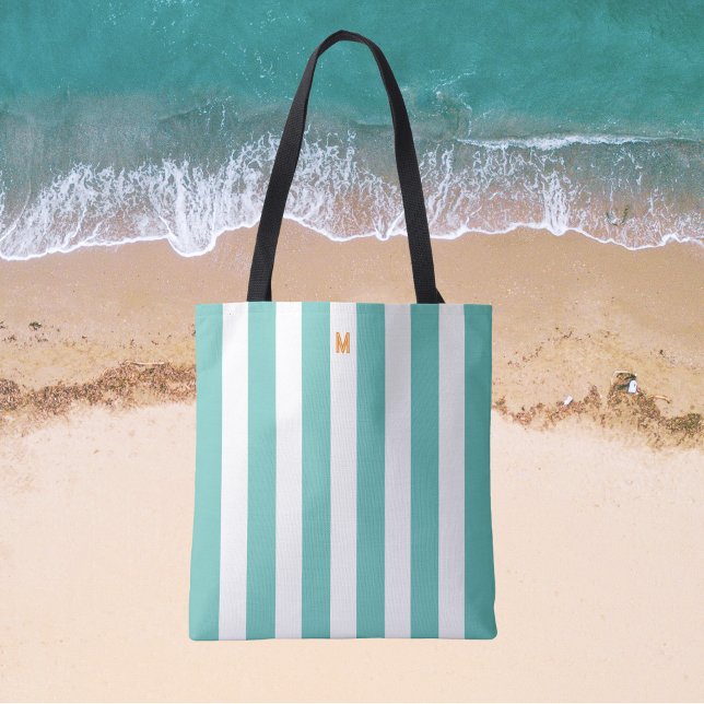 Bolsa Tote Teal Cabana Stripe & Personalizado Monograma Laran (Criador carregado)