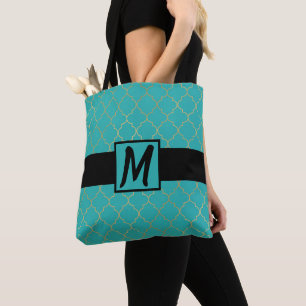 Bolsa Tote Teal e Dourado Monogramado em Quatrefoil