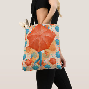 BOLSA TOTE TEAL E LARANJA UMBRELLAS DO OUTONO COM MULHERES