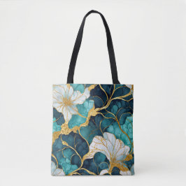 Bolsa Tote Teal Floral Japonês Dourado