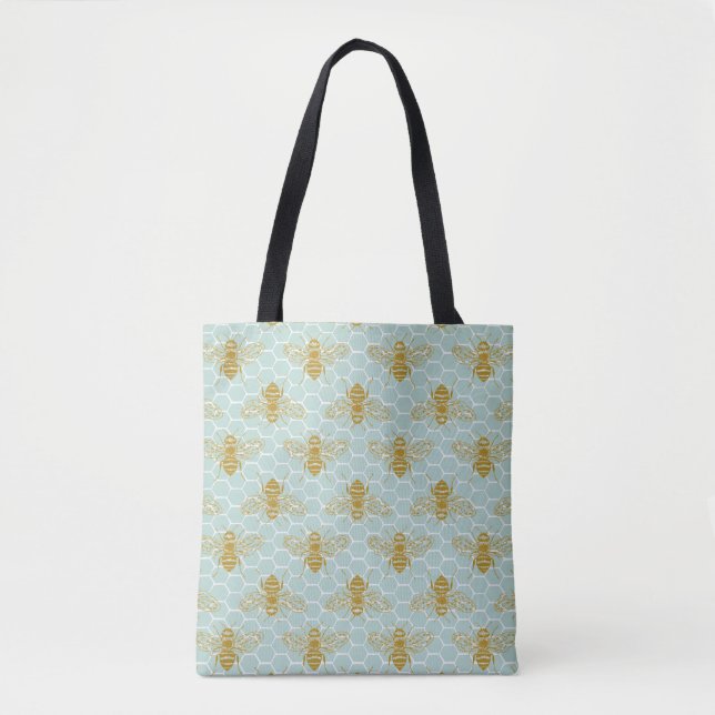 Bolsa Tote Teal Honeycomb Ouro Bees (Frente)