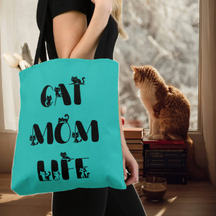 Bolsa Tote Teal Modern Cat Mãe Vida Bonita Dia de as mães