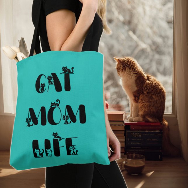 Bolsa Tote Teal Modern Cat Mãe Vida Bonita Dia de as mães (Criador carregado)
