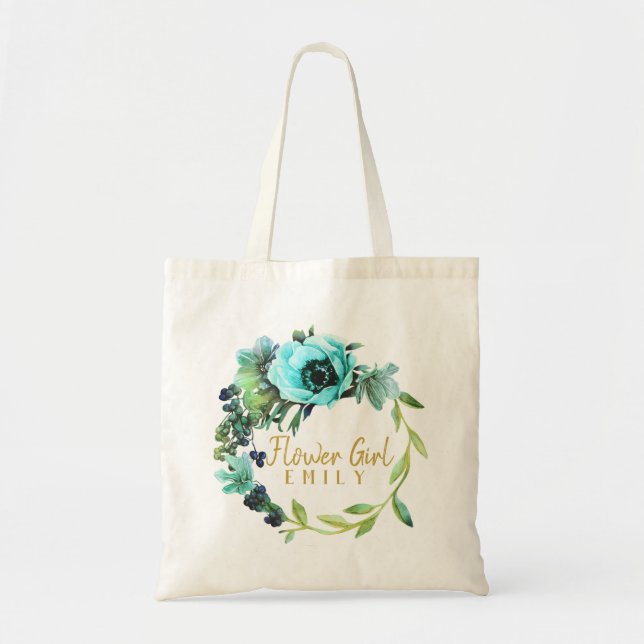 Bolsa Tote Teal Peony Wreath Flower Girl ID456 (Frente)
