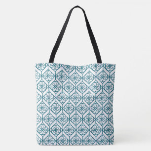Bolsa Tote Teal sobre Padrão Étnico Branco, Flores, Chevrons