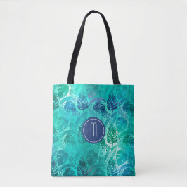 Bolsa Tote Teal Tropical Palm Leaf Patterno Monograma