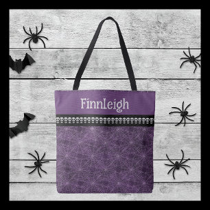 Bolsa Tote Teia de Aranha Roxa com Caveiras e Nome Personaliz