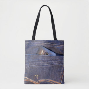 Bolsa Tote Telefone da foto no monograma azul do bolso de