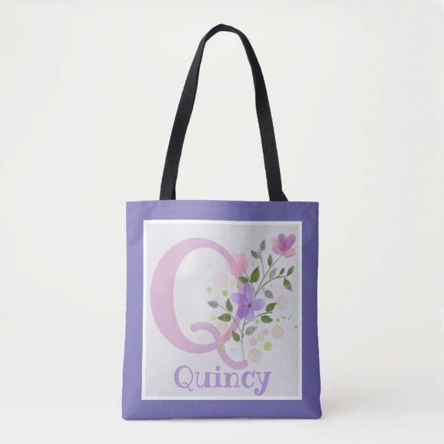 Bolsa Tote tem Primeira Inicial Mais Nome com Flor (Frente)