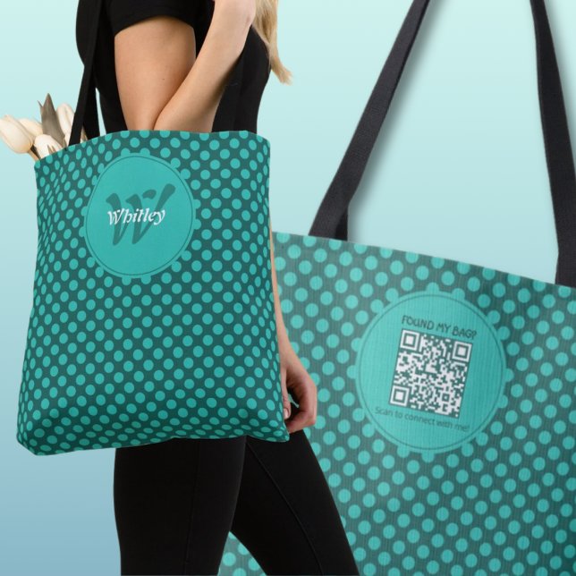 Bolsa Tote Tema de Bolinhas Chic Código QR Dinâmico Inteligen (Chic Polka Dots Theme Smart Dynamic QR Code Tote Bag Front Monogram & Name)
