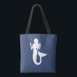 Bolsa Tote tema MERMAID náutico agudo |<br><div class="desc">Este padrão bonito e divertido com um simples desenho sombreado de uma sereia adiciona um personagem eclético ao seu guarda-roupa! | IMAGEM DE FORMA DE MERMAID DE SILHOUETTE BRANCA SÓLIDA E DIVERTIDA NUM FUNDO AZUL TROPICO SÓLIDO | VIDA DO MAR PARA BRANCOS | OCEANO | PRAIA | DIVERSÃO | VERÃO...</div>